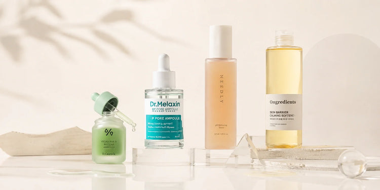 K-beauty újdonságok editorial termékkompozíció Dr. Ceuracle, Dr. Melaxin, NEEDLY és Ongredients termékekkel
