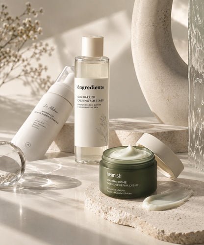 Dr. Althea, Ongredients és Heimish termékek prémium beauty editorial kompozícióban a NUREVI Bőrkomfort rutinhoz