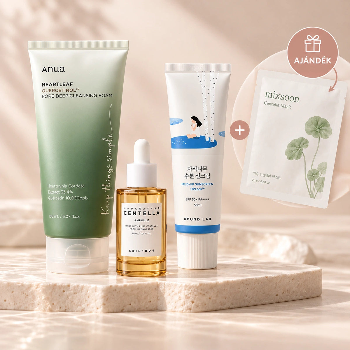 NUREVI Ismerd meg kezdő koreai arcápolási csomag Anua arctisztítóval, SKIN1004 Centella Ampoule-lal, Round Lab SPF50+ fényvédővel és Mixsoon maszkkal