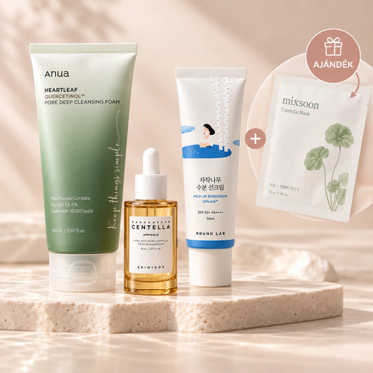 NUREVI Ismerd meg kezdő koreai arcápolási csomag Anua arctisztítóval, SKIN1004 Centella Ampoule-lal, Round Lab SPF50+ fényvédővel és Mixsoon maszkkal