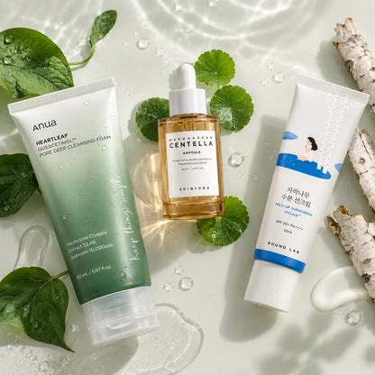 Kezdő koreai arcápolási rutin Anua lemosóval, SKIN1004 centella ampullával és Round Lab fényvédővel