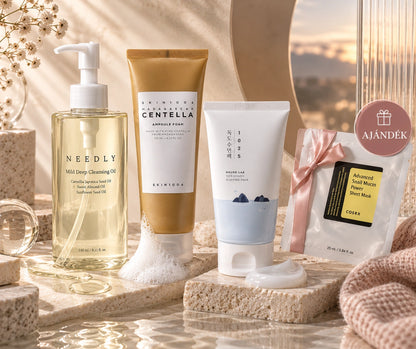 NEEDLY olajos lemosó, SKIN1004 habzó lemosó és Round Lab sleeping pack az esti rutin három lépésében