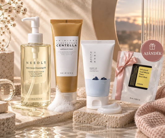 NEEDLY olajos lemosó, SKIN1004 habzó lemosó és Round Lab sleeping pack az esti rutin három lépésében