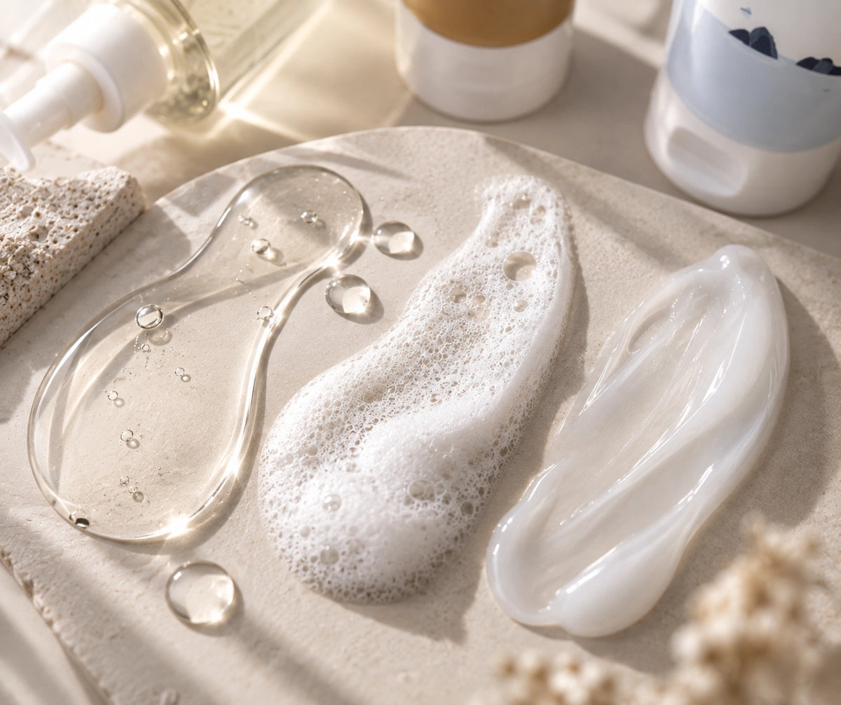 NEEDLY tisztítóolaj, SKIN1004 tisztítóhab és Round Lab sleeping pack textúrái az esti rutin lépéseihez