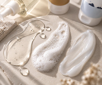 NEEDLY tisztítóolaj, SKIN1004 tisztítóhab és Round Lab sleeping pack textúrái az esti rutin lépéseihez