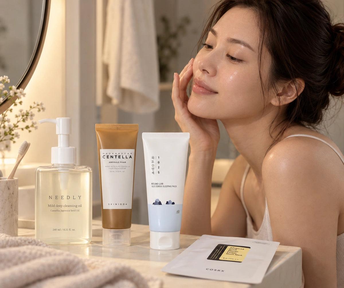Nyugodt esti koreai arcápolási rutin NEEDLY, SKIN1004 és Round Lab termékekkel