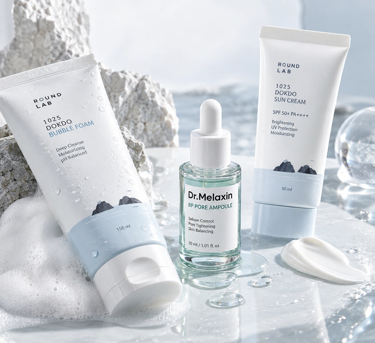 NUREVI Pórus & Textúra rutin Round Lab és Dr. Melaxin termékekkel prémium skincare kompozícióban