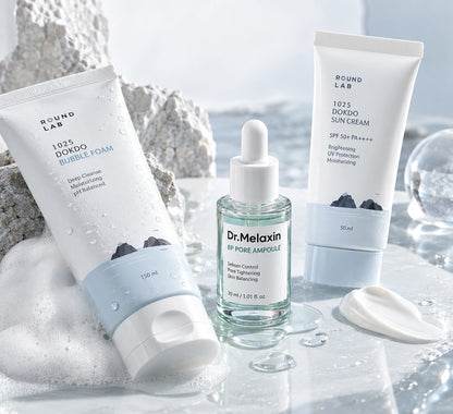 NUREVI Pórus & Textúra rutin Round Lab és Dr. Melaxin termékekkel prémium skincare kompozícióban